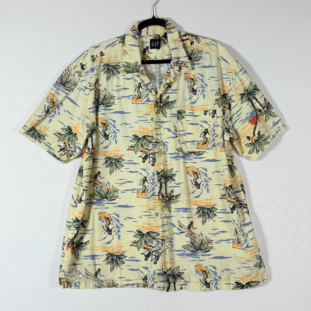 Vtg Gap Mens Large Hawaiian Surfboard Palm Tree Tropical Resort Shirt Y2K Yellow